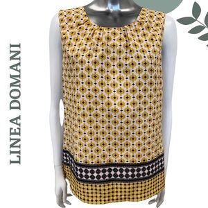 Linea Domani Yellow Patterned Top Button Back Detail | Sleeveless Blouse Size 4
